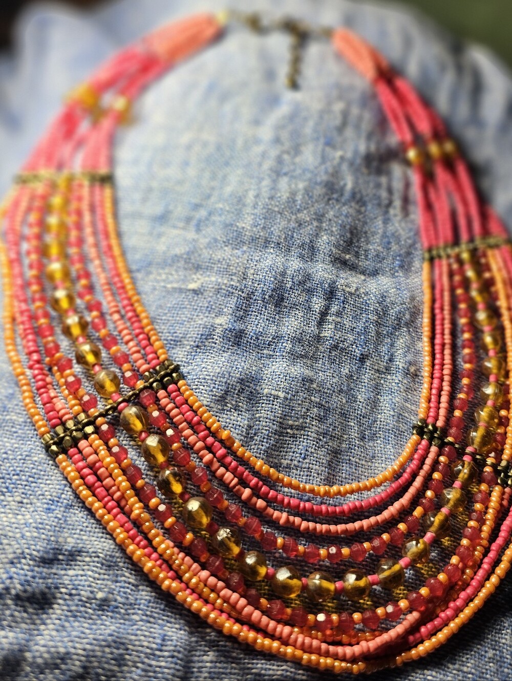 BOHO Hand Crafted Pink and Orange Multi-Strand Beaded Necklace